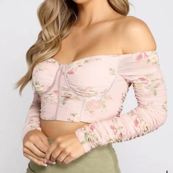 Floral Long Sleeve Corset Top, Off Shoulder Ruched Bustier, Pink Size Medium - Picture 7 of 9
